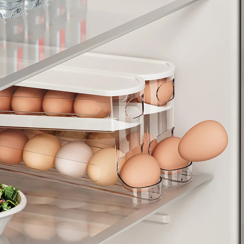 Support à œufs ROLLEVO 2 niveaux | Fonction de rouleau automatique | Gain de place pour 14 œufs | Pour réfrigérateur et garde-manger | 31 x 9,5 x 10 cm