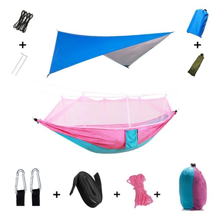 Trekviva Hamac de Camping | Filet anti-moustiques intégré & Tarp de pluie | Ultra léger & Résistant | Solution 3-en-1 pour l'extérieur