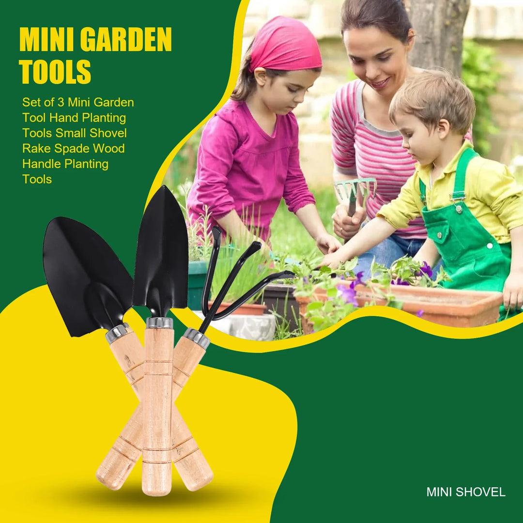 Ensemble d'outils de jardinage Mini Planturio 3 pièces | Pelle, truelle & râteau | Poignée en bois & tête en métal | Pour bonsaïs & plantes d'intérieur