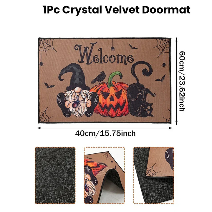 Tapis d'entrée Halloween SpookyHome | Velours Cristal | Citrouilles & Fantômes | Antidérapant & Doux