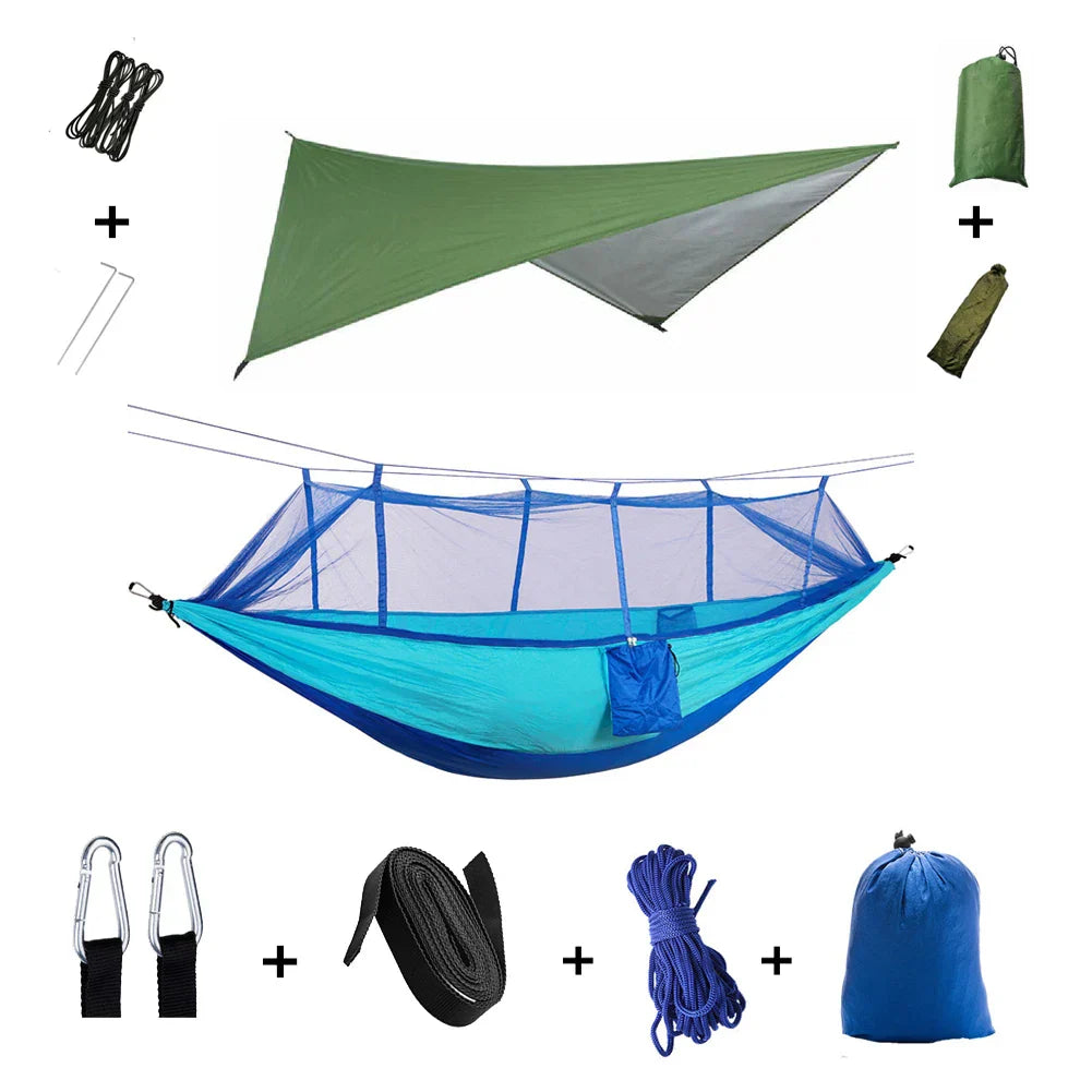 Trekviva Hamac de Camping | Filet anti-moustiques intégré & Tarp de pluie | Ultra léger & Résistant | Solution 3-en-1 pour l'extérieur