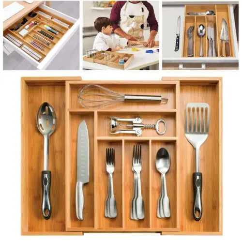 Bambusio Boîte à couverts en bambou | Extensible 32–52 cm | 6–8 compartiments | Organisateur de tiroir durable pour la cuisine, la salle de bain et le bureau