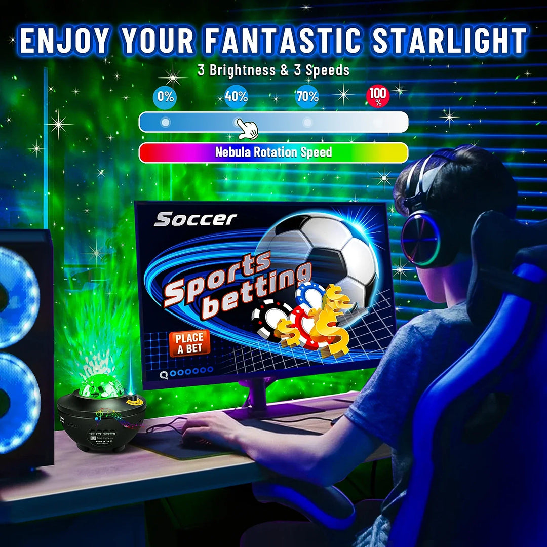 Projecteur d'étoiles GalaxyWave | Lampe de nuit LED & enceinte musicale | Avec Bluetooth & télécommande | Ambiance romantique étoilée & océan