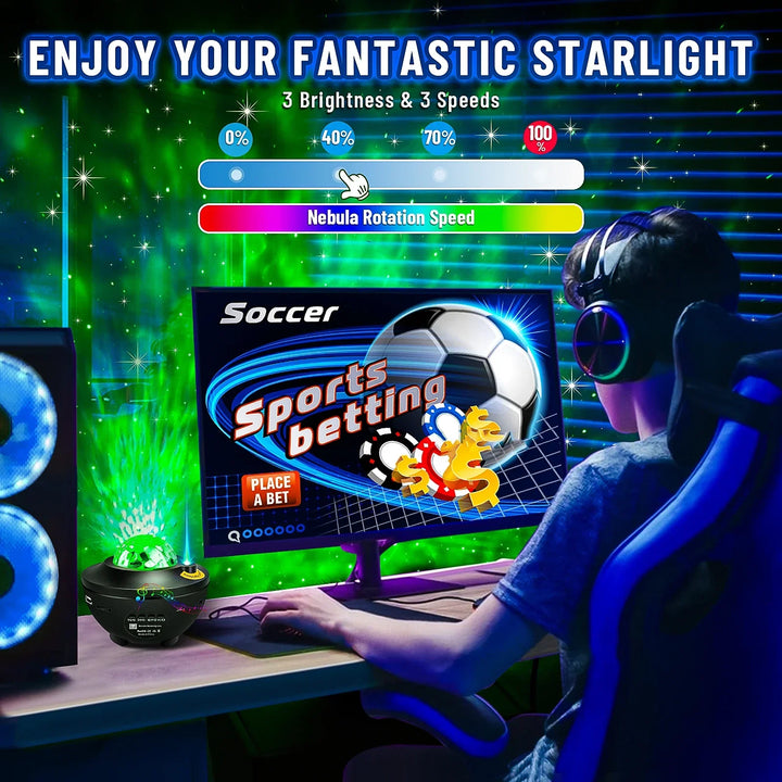 Projecteur d'étoiles GalaxyWave | Lampe de nuit LED & enceinte musicale | Avec Bluetooth & télécommande | Ambiance romantique étoilée & océan