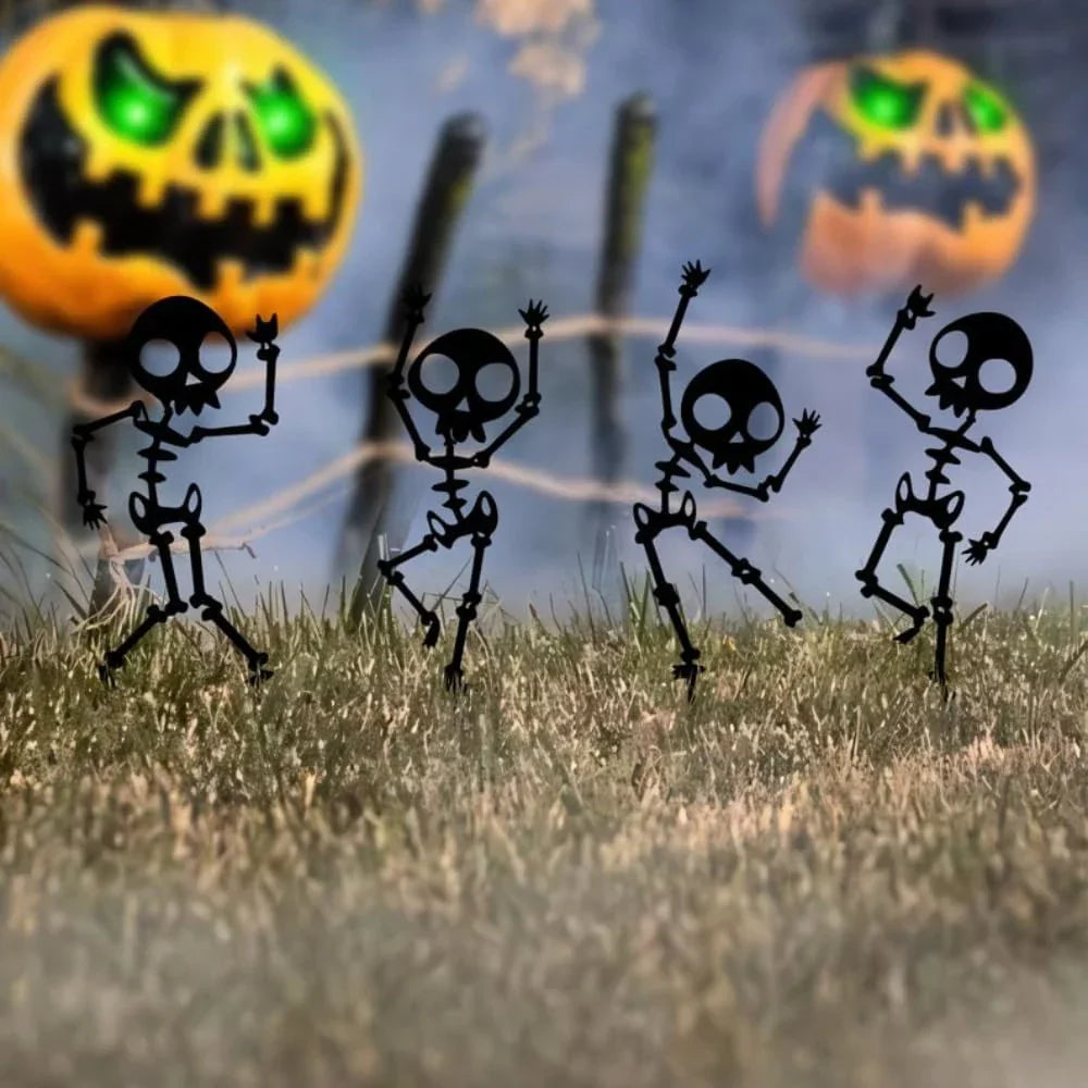 Décoration de jardin SpookySteps | Squelettes dansants | Métal résistant aux intempéries | Ensemble de 4 | Décoration d'extérieur Halloween