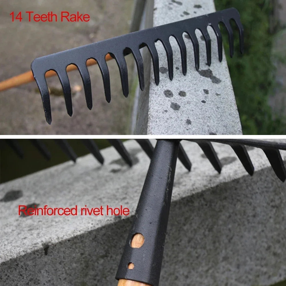 AgriZink Râteau de jardin en acier inoxydable avec 14 dents | Outil robuste pour l'agriculture et le jardinage | Pour les feuilles, le foin, la terre et le paillis | Râteau de sol de haute qualité