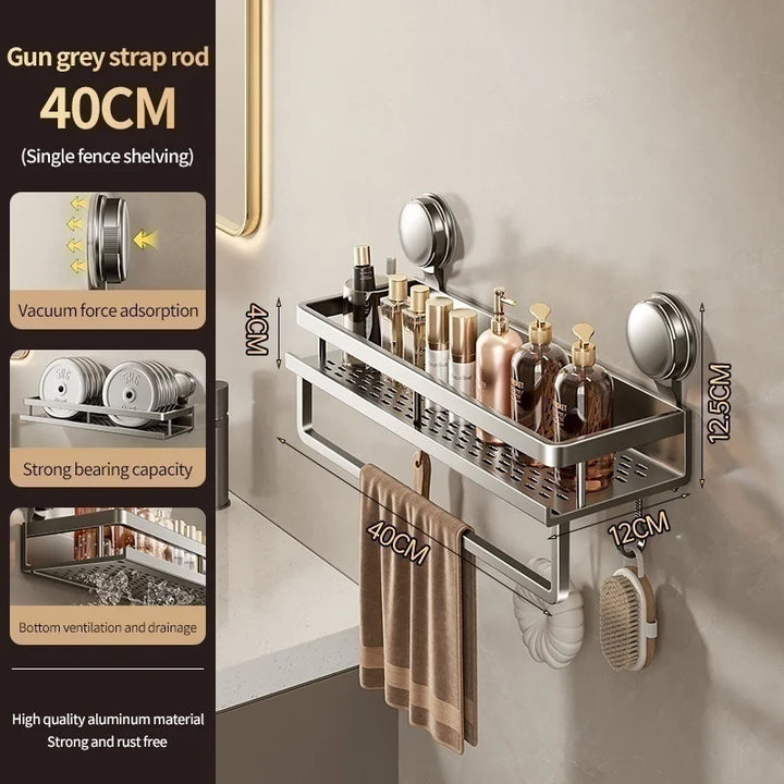 Étagère murale avec ventouse | Pas de perçage nécessaire | Aluminium & ABS | Salle de bain & Cuisine