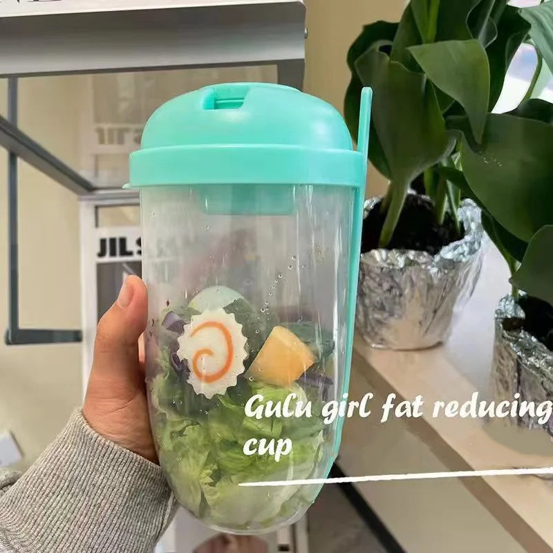 Salatto Salat-to-go Becher 1000 ml | Boîte à lunch en forme de bouteille avec fourchette & contenant à sauce | Portable & alimentaire | Blanc/Vert