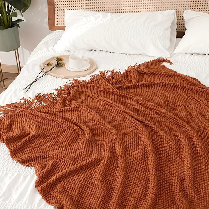 Aurelia Cozy Plaid en tricot avec pompons en orange Morandi | Doux & Réchauffant | 3 tailles | Pour canapé, lit & voyages