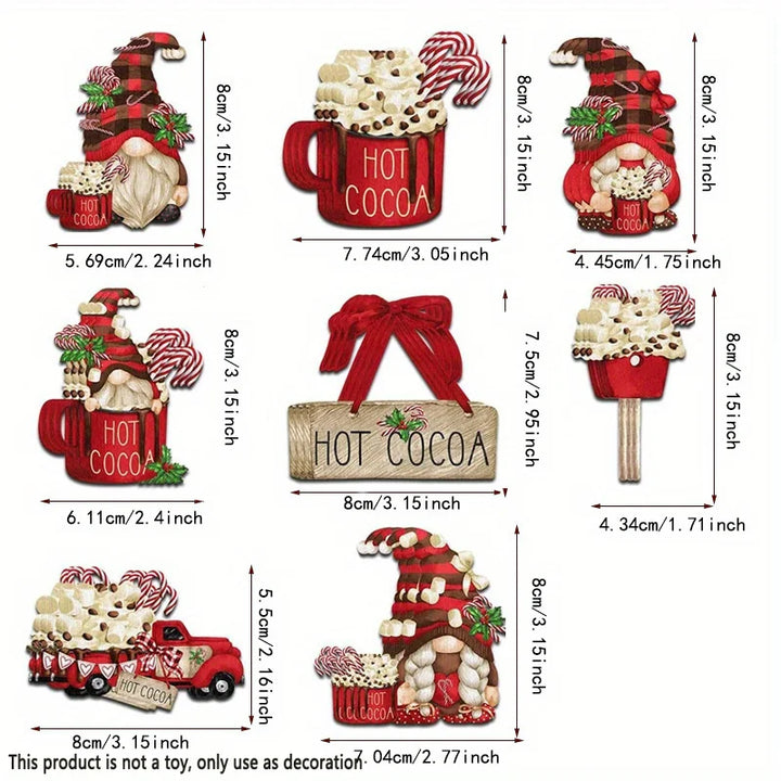 Nordivine | Set de 24 décorations de Noël en bois | Design Chocolat Chaud & Père Noël | Avec cordon suspendu | Pour arbre, fenêtres & cadeaux