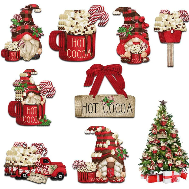 Nordivine | Set de 24 décorations de Noël en bois | Design Chocolat Chaud & Père Noël | Avec cordon suspendu | Pour arbre, fenêtres & cadeaux
