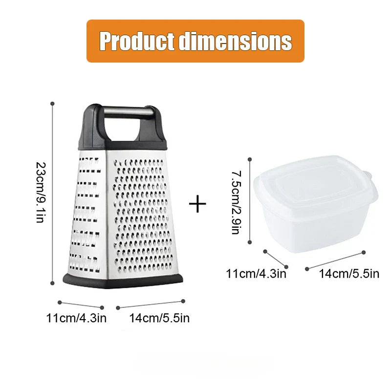 Gratello Râpe de cuisine 4-en-1 avec récipient et couvercle | Acier inoxydable & base antidérapante | Pour fromage, légumes, agrumes & plus | 22 × 11 × 9 cm