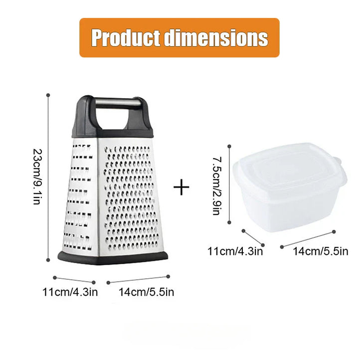 Gratello Râpe de cuisine 4-en-1 avec récipient et couvercle | Acier inoxydable & base antidérapante | Pour fromage, légumes, agrumes & plus | 22 × 11 × 9 cm