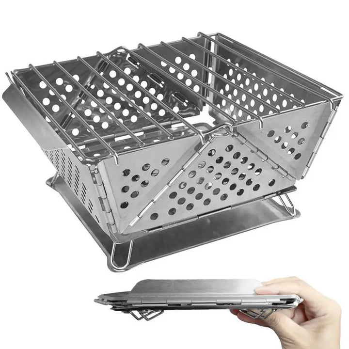 FireFold | Gril pliable en acier inoxydable | Four à bois pour camping et extérieur | 20,5 × 18,7 × 9,2 cm