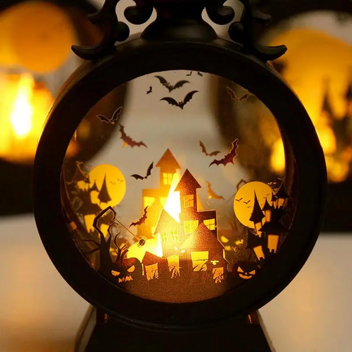 Hexenlicht | Lampe LED Halloween | Château gothique avec citrouille et sorcière | Lumière d'ambiance chaude