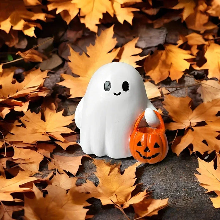 PumpkiBoo Figurine décorative | Fantôme d'Halloween avec citrouille | Ornement en résine | Convient aux bougies LED