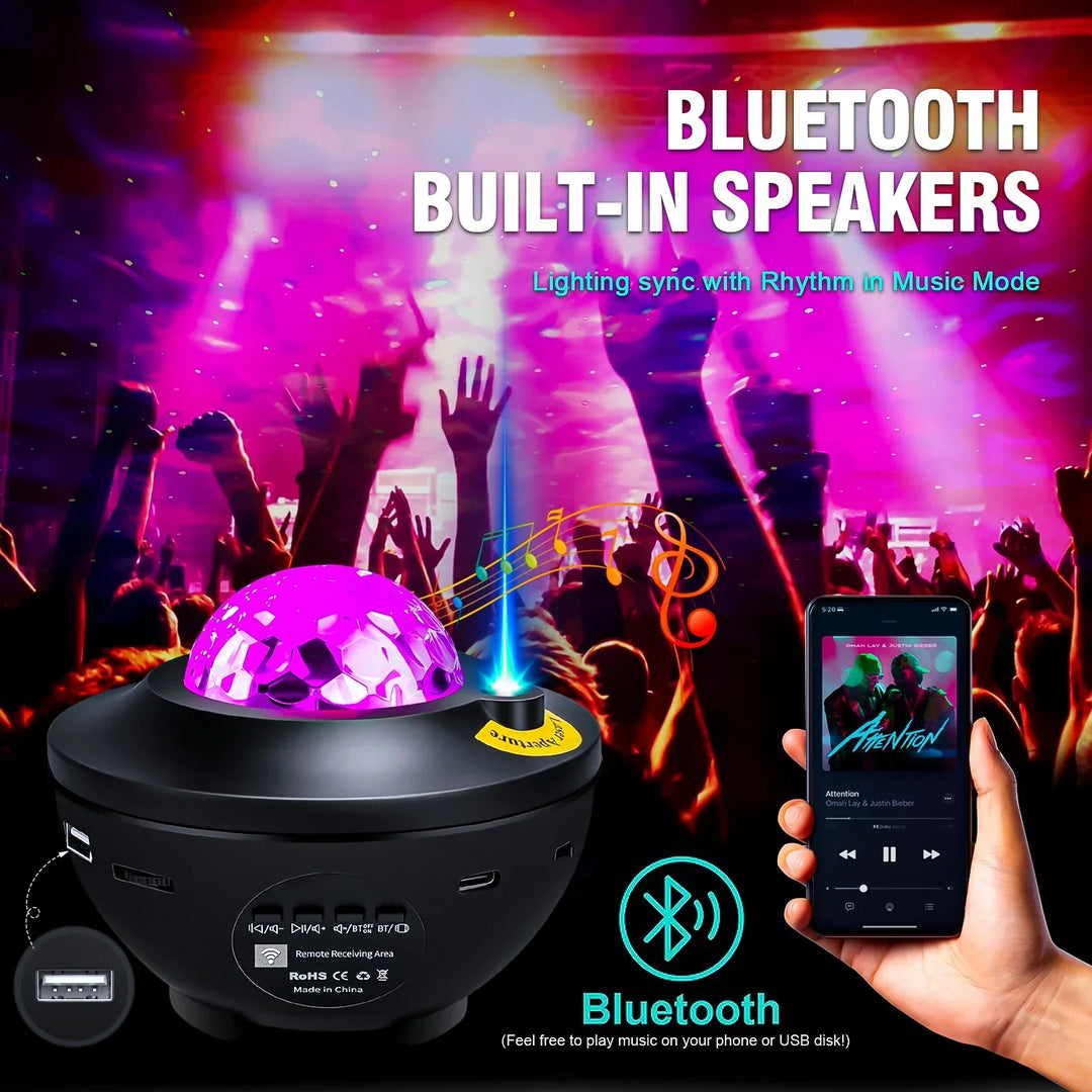 Projecteur d'étoiles GalaxyWave | Lampe de nuit LED & enceinte musicale | Avec Bluetooth & télécommande | Ambiance romantique étoilée & océan