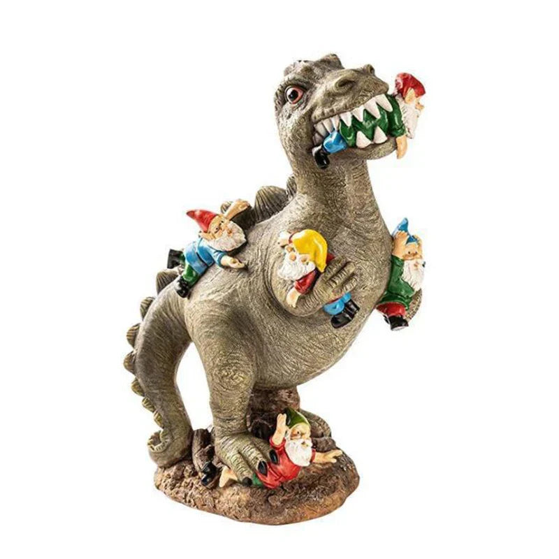 DinoCharm | Statue Dino & Nain de Jardin | Décoration de Jardin Amusante | Figurine en Résine pour Décoration Intérieure & Extérieure