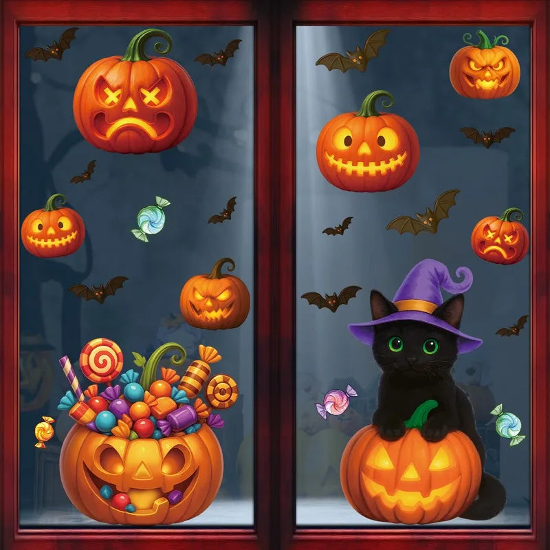 Autocollants de fenêtre SpookyPumpkins | Autocollants de décoration d'Halloween | Citrouille, chat & fantôme | Réutilisables & adhésifs statiques