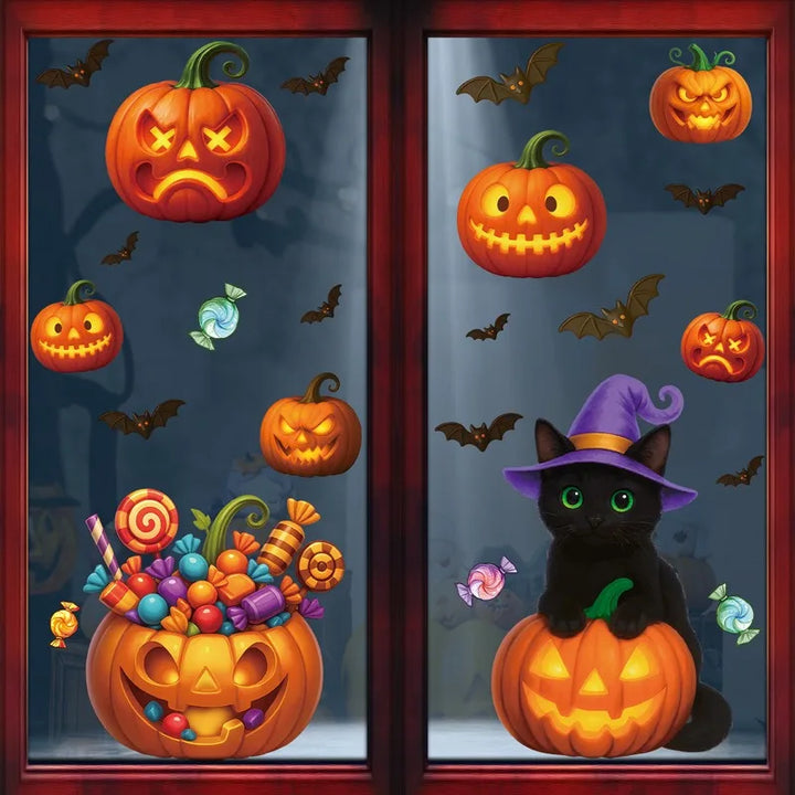 Autocollants de fenêtre SpookyPumpkins | Autocollants de décoration d'Halloween | Citrouille, chat & fantôme | Réutilisables & adhésifs statiques