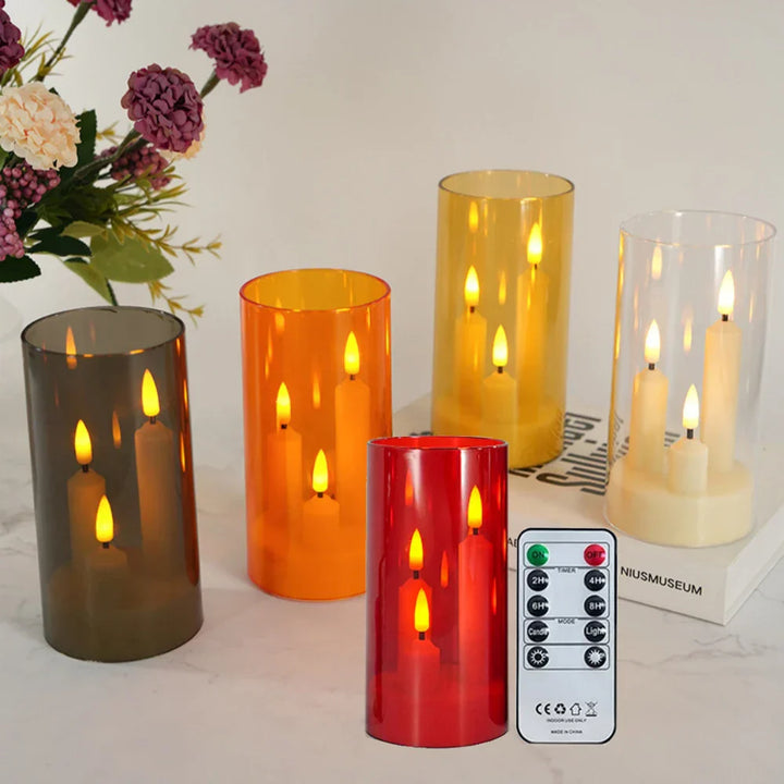 LumièreTrio Bougie LED-Stumpenkerze avec 3 mèches | 7,5 × 15 cm | Télécommande & Minuteur | Lumière chaude vacillante | Design en acrylique