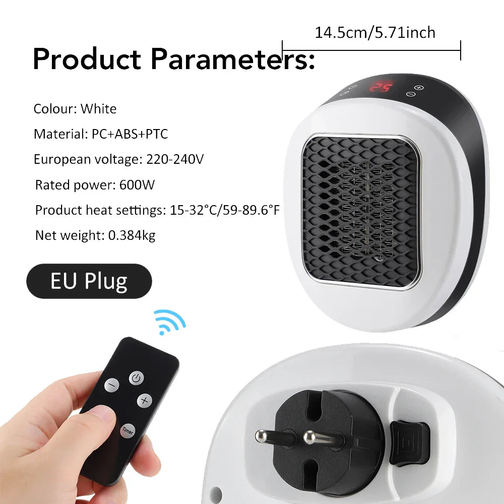 Chauffage Électrique Mini Heatigo 600W | Design Prise Murale | PTC-Céramique, Thermostat & Télécommande | Silencieux & Sûr