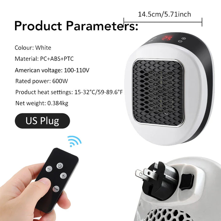 Chauffage Électrique Mini Heatigo 600W | Design Prise Murale | PTC-Céramique, Thermostat & Télécommande | Silencieux & Sûr