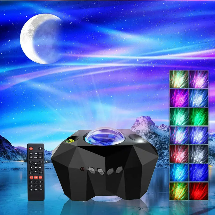 Projecteur Auralis Ciel Étoilé | 3-en-1 Aurore, Étoiles & Lune | Musique Bluetooth & Télécommande | Veilleuse avec Minuteur