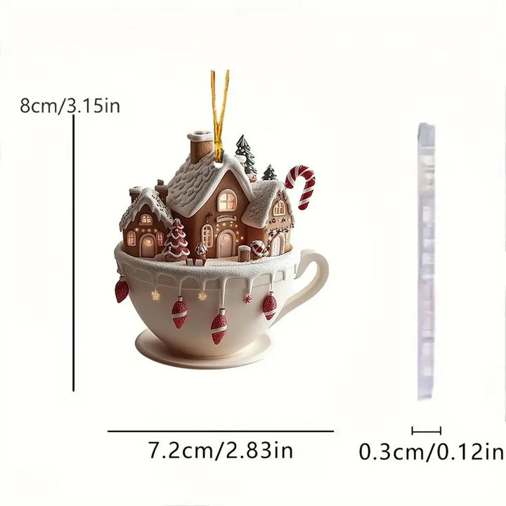 FestivaBrew Décoration de Noël | Ornement en acrylique Tasse à café avec motif d'hiver | Décoration de sapin de Noël durable | 8 × 7 cm
