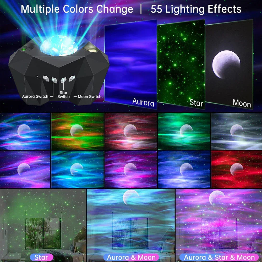 Projecteur Auralis Ciel Étoilé | 3-en-1 Aurore, Étoiles & Lune | Musique Bluetooth & Télécommande | Veilleuse avec Minuteur