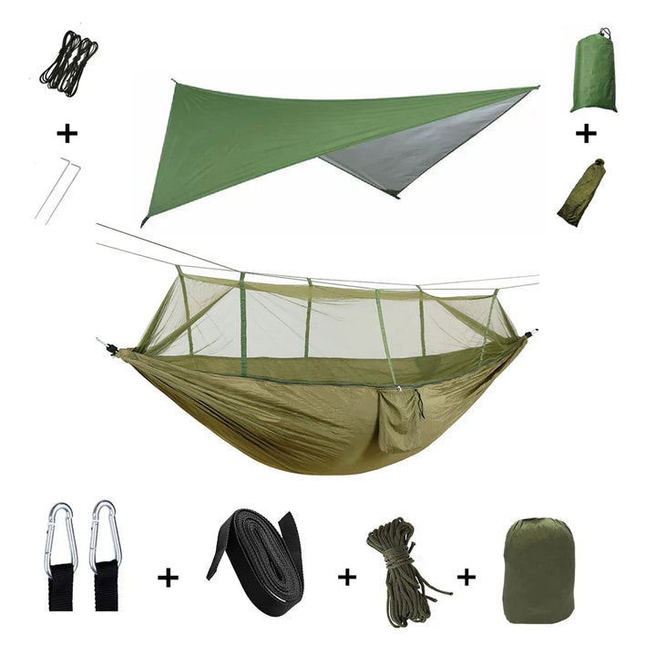 Trekviva Hamac de Camping | Filet anti-moustiques intégré & Tarp de pluie | Ultra léger & Résistant | Solution 3-en-1 pour l'extérieur