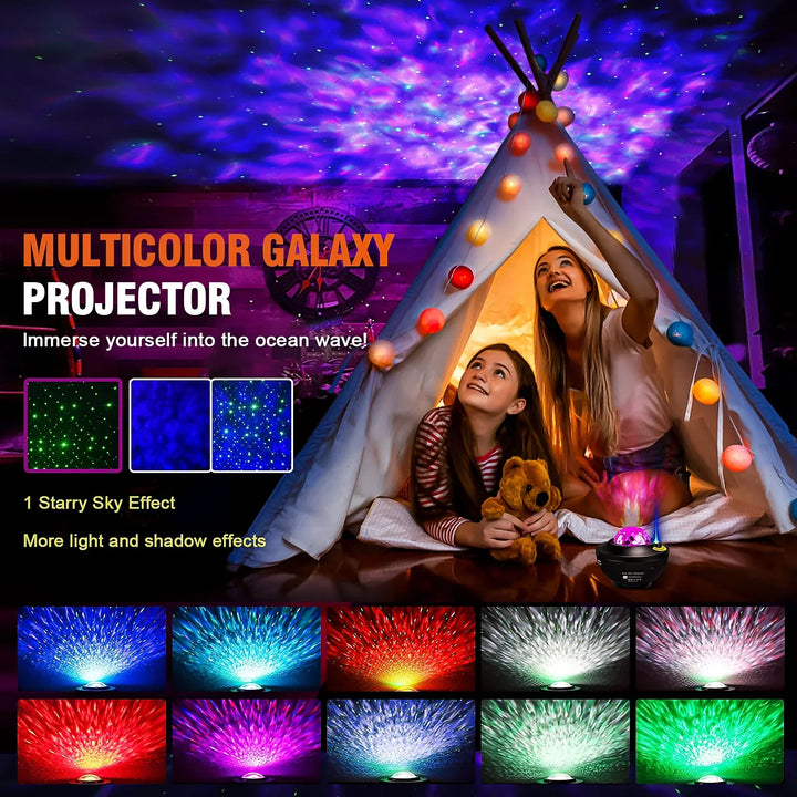 Projecteur d'étoiles GalaxyWave | Lampe de nuit LED & enceinte musicale | Avec Bluetooth & télécommande | Ambiance romantique étoilée & océan