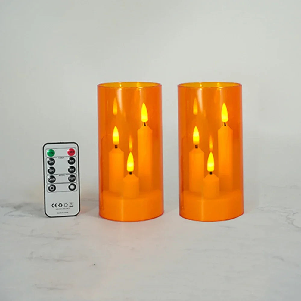 LumièreTrio Bougie LED-Stumpenkerze avec 3 mèches | 7,5 × 15 cm | Télécommande & Minuteur | Lumière chaude vacillante | Design en acrylique
