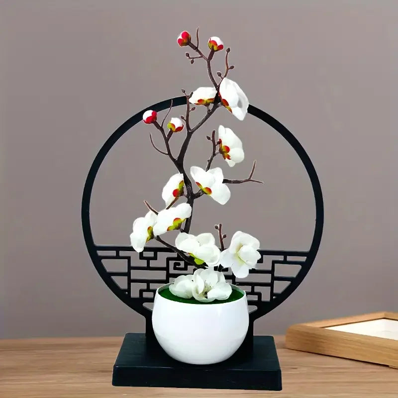 Kunst-Bonsai Prunus Élégance | Design de fleurs de prunier | Avec socle décoratif en paravent | 32 cm décoration de table