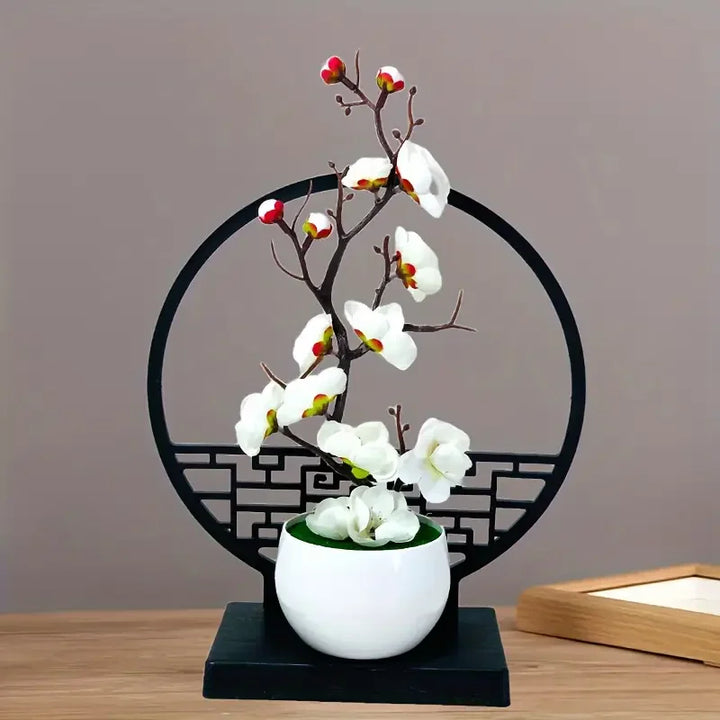Kunst-Bonsai Prunus Élégance | Design de fleurs de prunier | Avec socle décoratif en paravent | 32 cm décoration de table