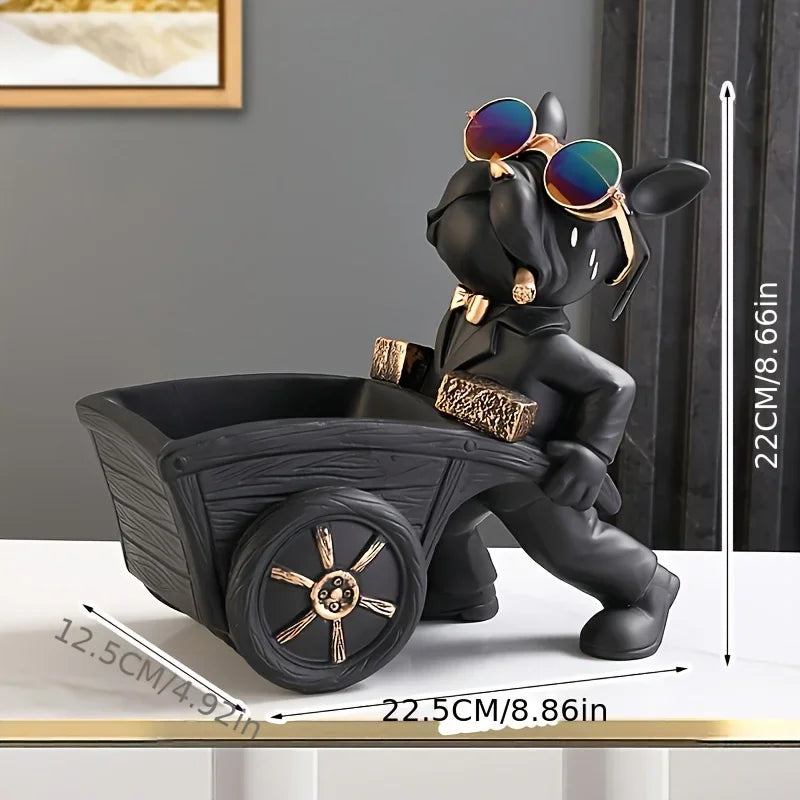 Figurine décorative Bulldog avec brouette | Sculpture en résine faite à la main | Décoration de table & rangement | Noir/Vert