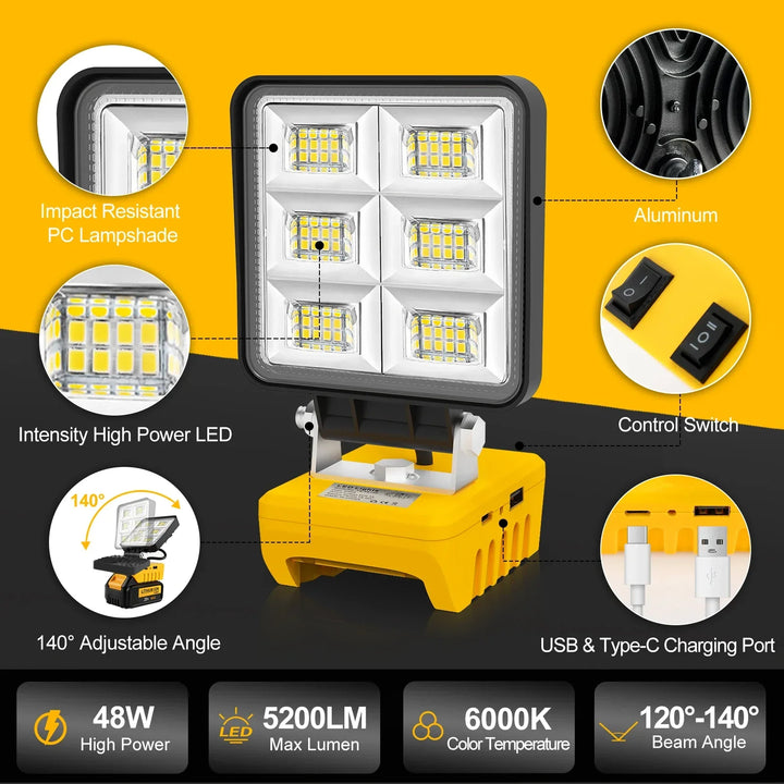 PowerLuma 48 Lampe de travail LED | 48W Projecteur à batterie | 5200 Lumens | Port de charge USB-C | Pour batteries DeWalt (sans batterie)