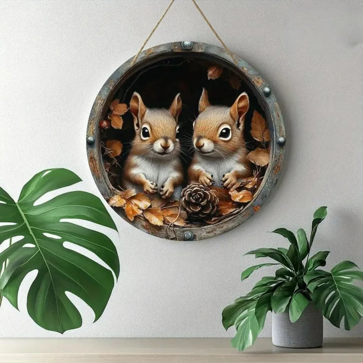 Panneau en bois AutumnTail | Panneau de bienvenue rond avec motif d'écureuil | 20–30 cm | Décoration d'automne et d'hiver faite à la main