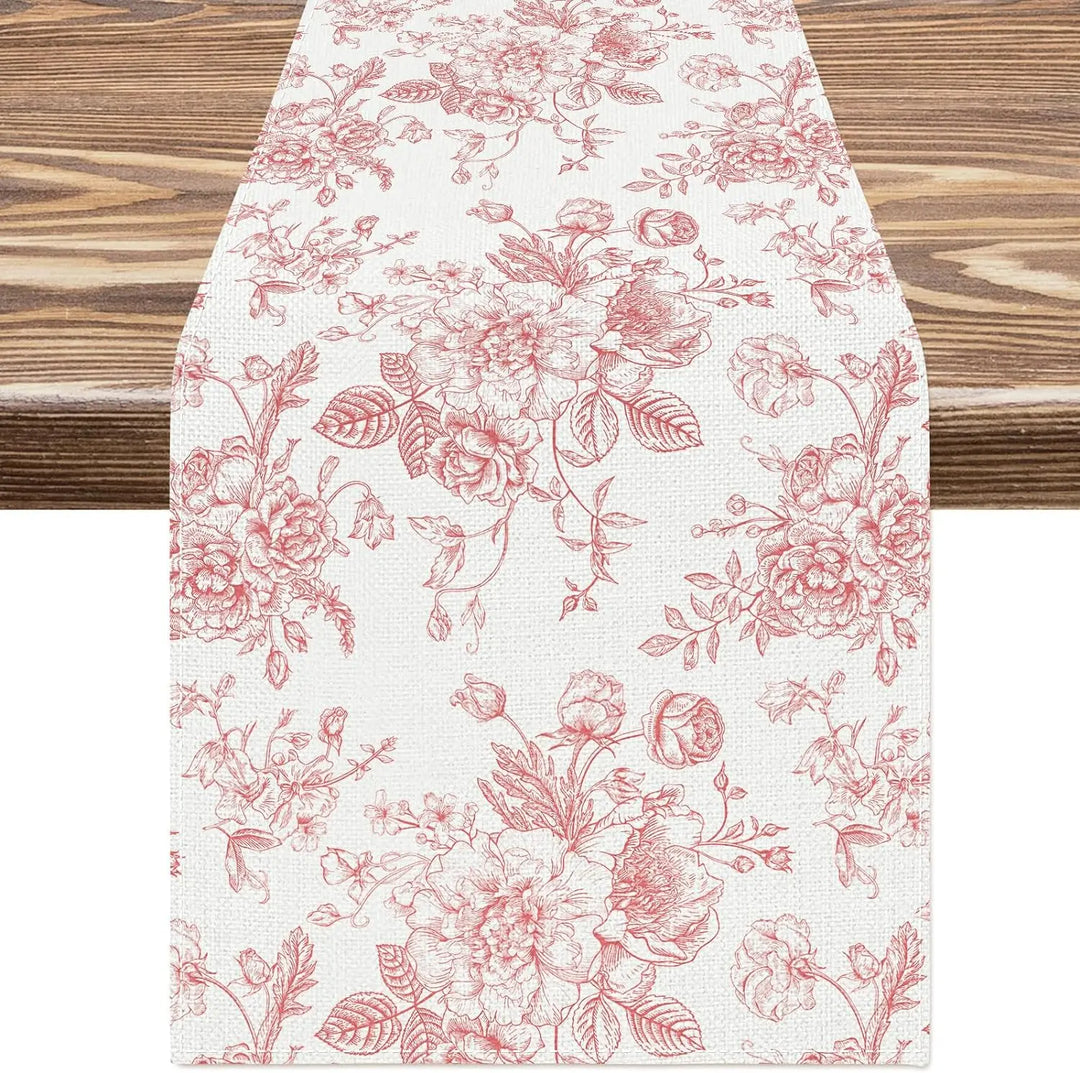 LinoBloom | Chemin de table en lin | Design Chinoiserie Bleu-Fleurs | Lavable & Réutilisable | 150/180/200 × 33 cm