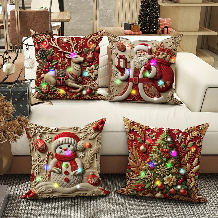 Housse de coussin LED Noël LumiNoël | Design 3D Père Noël | Avec fonction éclairante | 45x45 cm Polyester