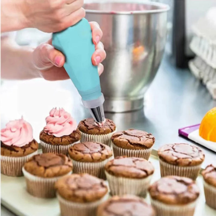 BakeDeko™ Set de douilles | Sacs à pâtisserie en silicone réutilisables avec douilles en acier inoxydable | Pour gâteaux, cupcakes et pâtisseries