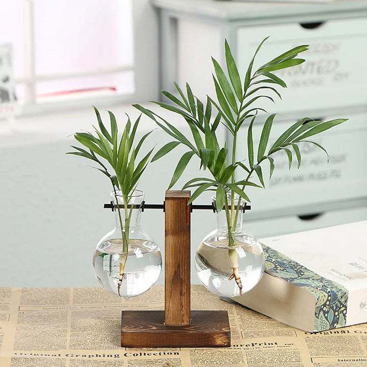 Vase en verre Naturiva Design avec cadre en bois | Pour fleurs coupées & hydroponie | Style scandinave | Ensemble de 3 pièces
