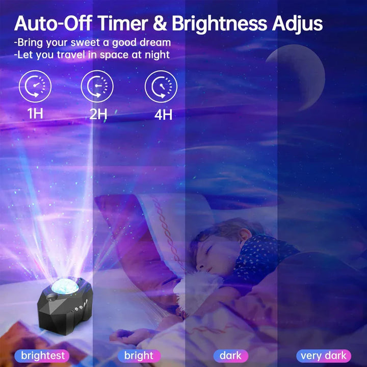 Projecteur Auralis Ciel Étoilé | 3-en-1 Aurore, Étoiles & Lune | Musique Bluetooth & Télécommande | Veilleuse avec Minuteur