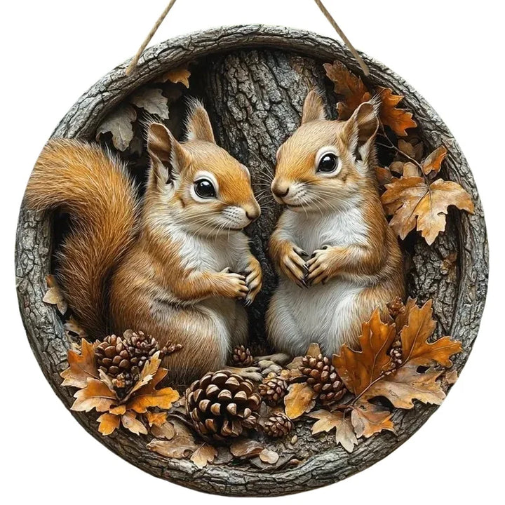 Panneau en bois AutumnTail | Panneau de bienvenue rond avec motif d'écureuil | 20–30 cm | Décoration d'automne et d'hiver faite à la main