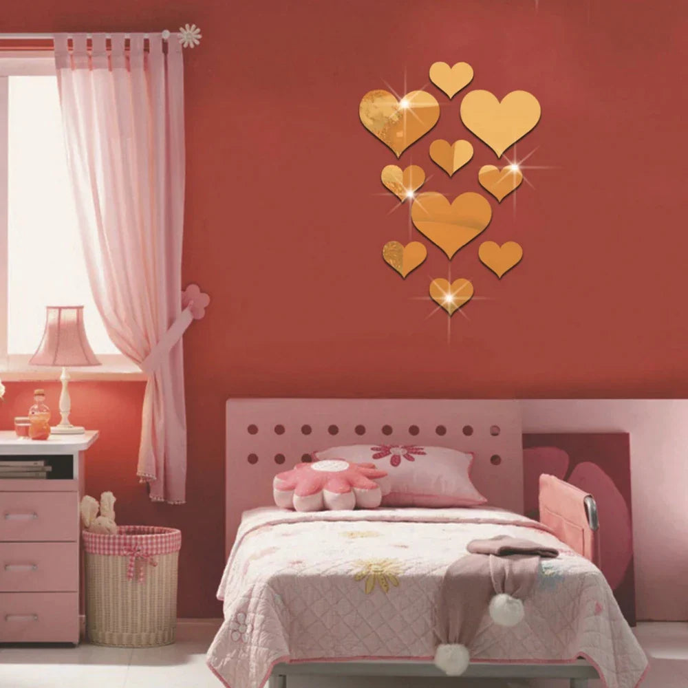 HeartMirro | Autocollant mural 3D en forme de cœur | Effet miroir or et argent | 10 pièces