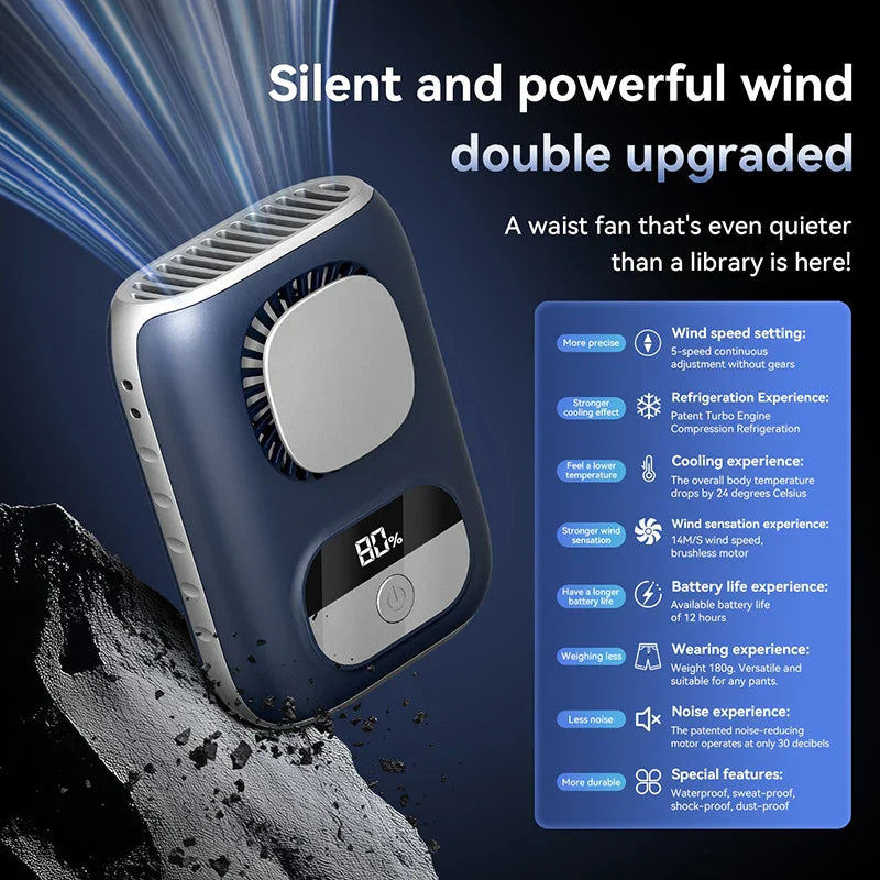 CoolBelt Mini Ventilateur de Taille | Portable & Sans Lame | Affichage LED & 12 Heures d'Autonomie | Rechargeable par USB-C
