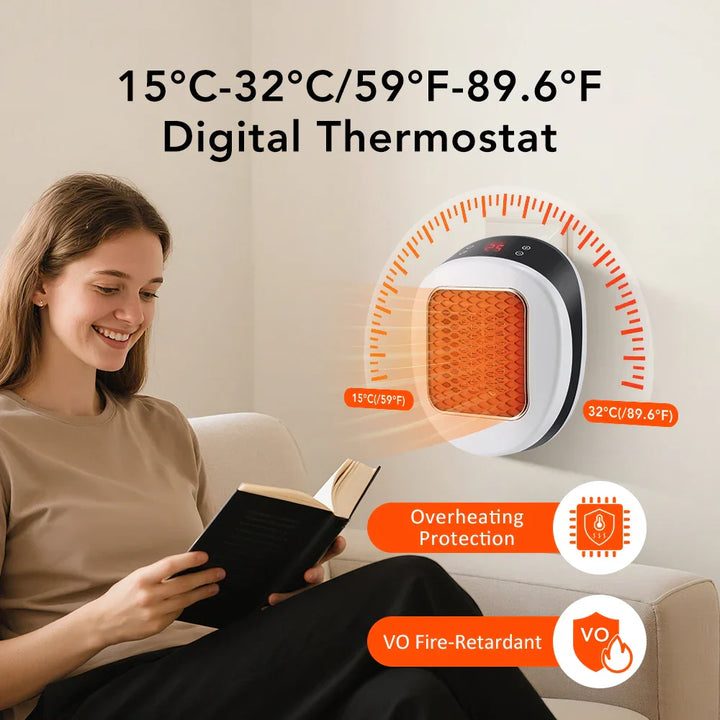 Chauffage Électrique Mini Heatigo 600W | Design Prise Murale | PTC-Céramique, Thermostat & Télécommande | Silencieux & Sûr