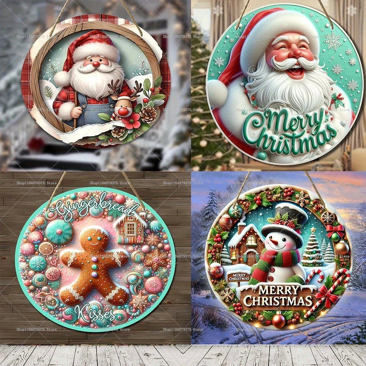Panneau de Noël en Bois | Suspension Ronde avec Bonhomme de Neige & Père Noël | Décoration de Porte & Mur