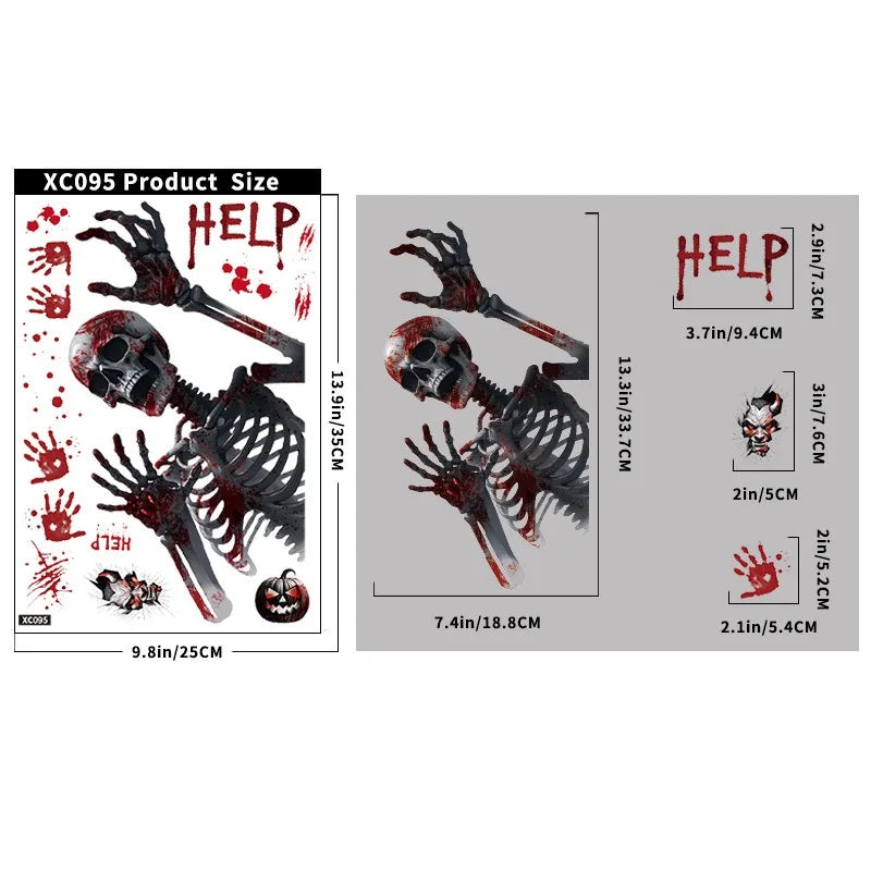 Autocollants de fenêtre HorrorPumpkins | Ensemble d'autocollants Halloween | Citrouille, crâne, empreintes de mains ensanglantées & chauves-souris | Réutilisables