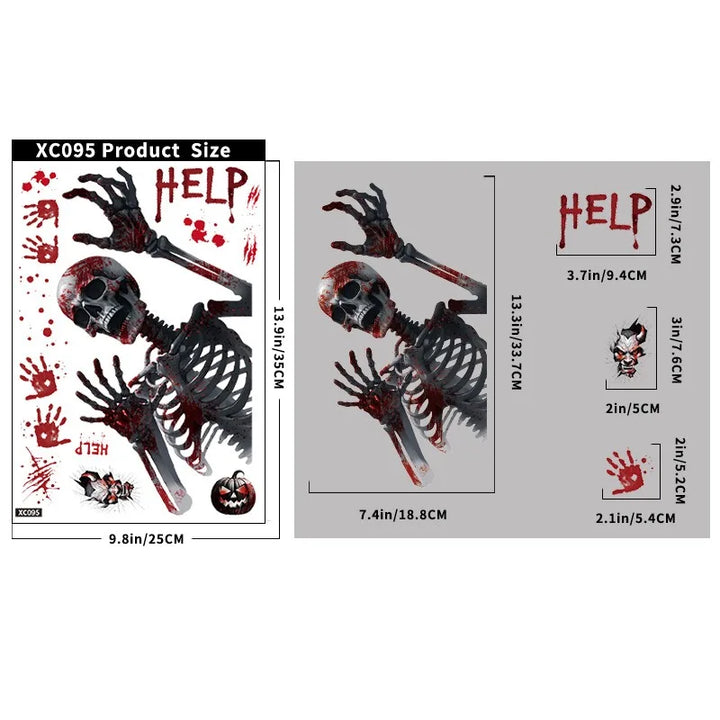 Autocollants de fenêtre HorrorPumpkins | Ensemble d'autocollants Halloween | Citrouille, crâne, empreintes de mains ensanglantées & chauves-souris | Réutilisables